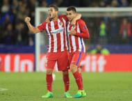 LEICESTER, ENGLAND - APRIL 18: Koke of Atletico Madrid and Angel Correa of Atletico Madrid celebrate their teams win after the UEFA Champions League Quarter Final second leg match between Leicester City and Club Atletico de Madrid at The King Power Stadium on April 18, 2017 in Leicester, United Kingdom.  (Photo by Richard Heathcote/Getty Images)